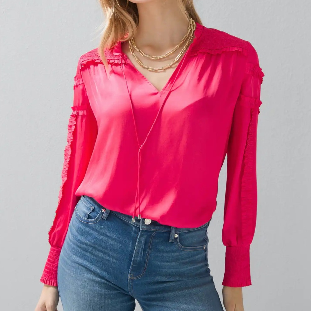 WHBM TIE NECK RUFFLE SLEEVE BLOUSE